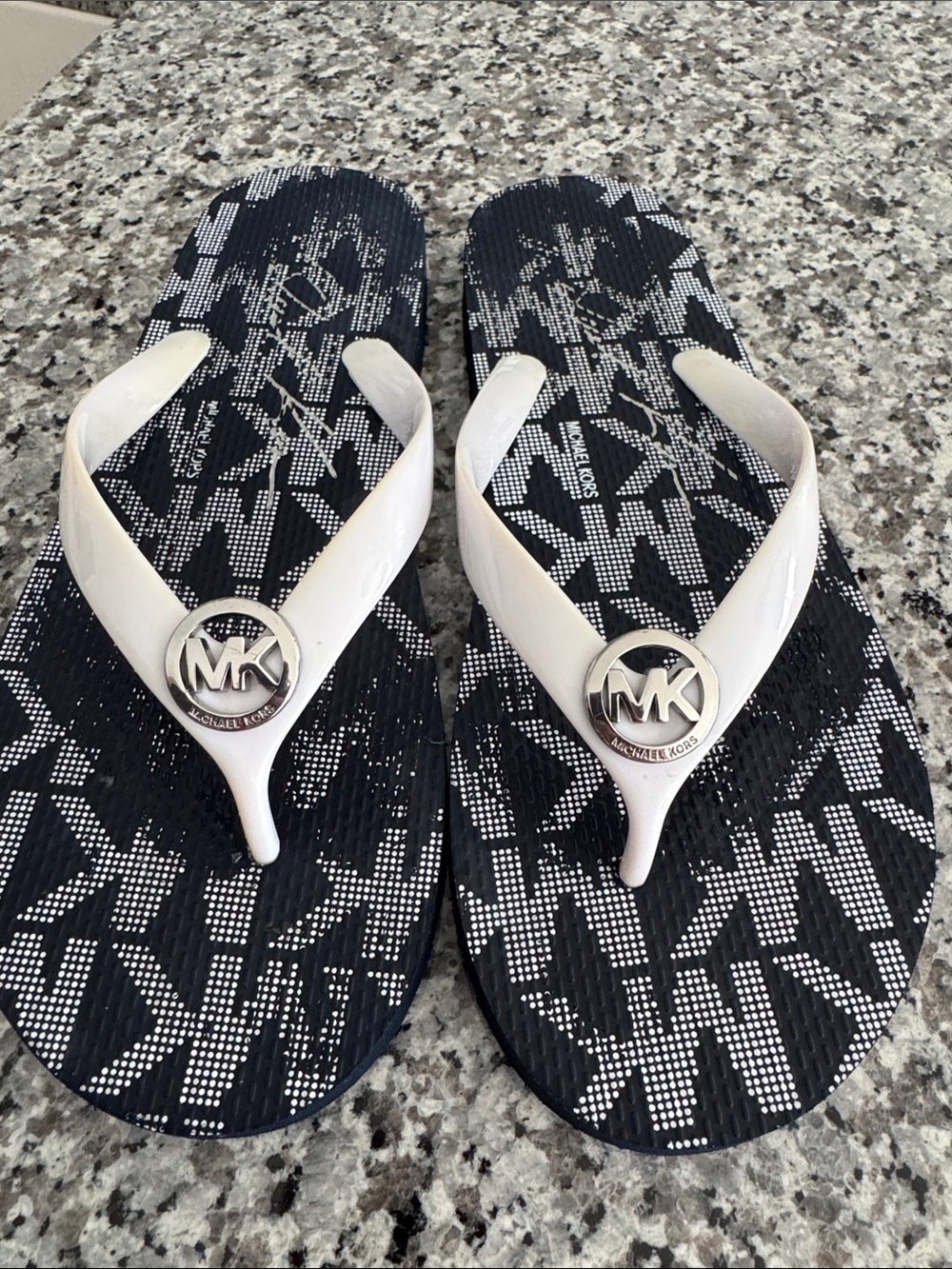 Michael Kors Women's Navy Logo Flip Flops with White Straps